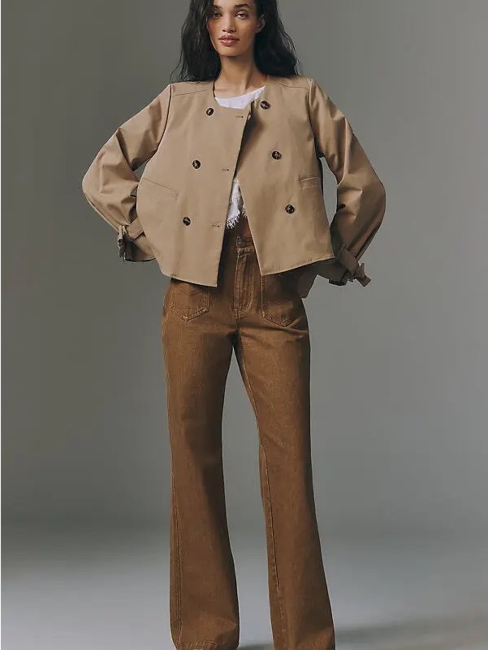 Maeve Tan Cropped Double-Breasted Trench Jacket